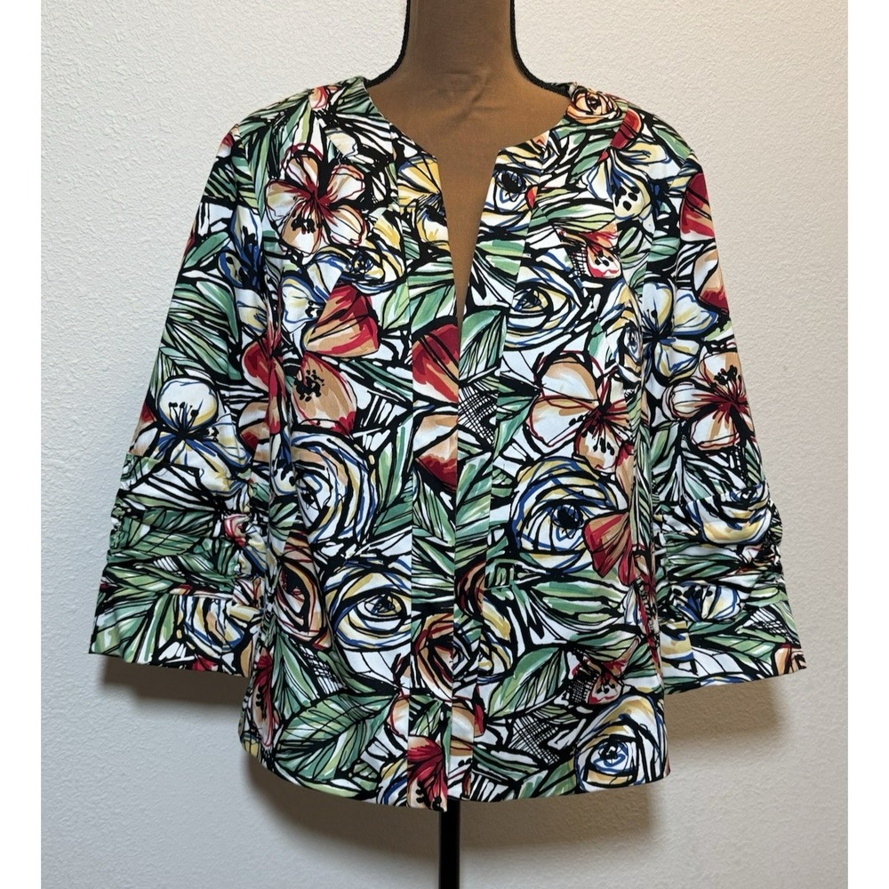 Coldwater Creek 3/4 Ruched Sleeve‎ Colorful Floral/Tropical Lined Jacket Size 16